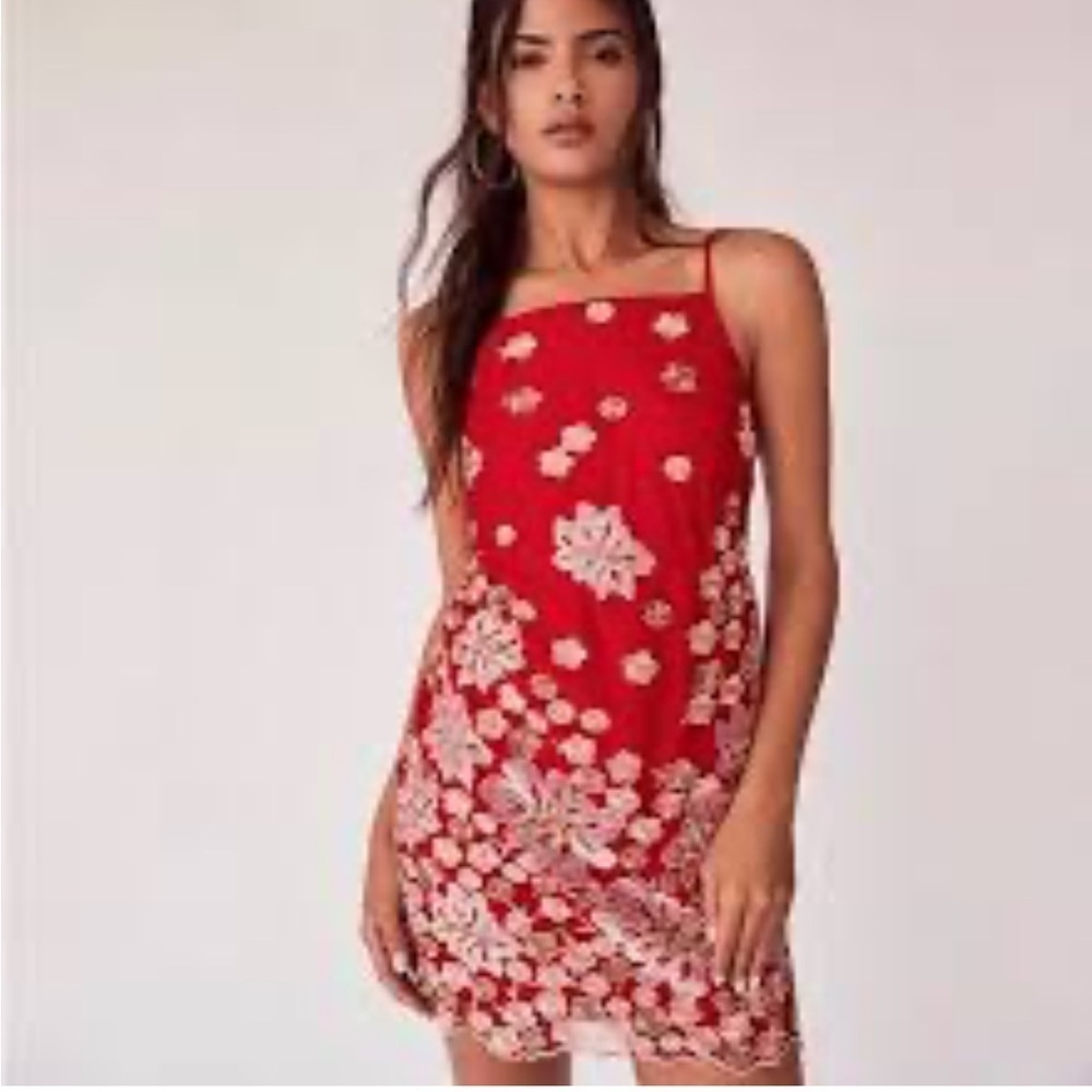 Free People x Backstage Australia Red Floral Dress Embroidered Lace Lined Sz M